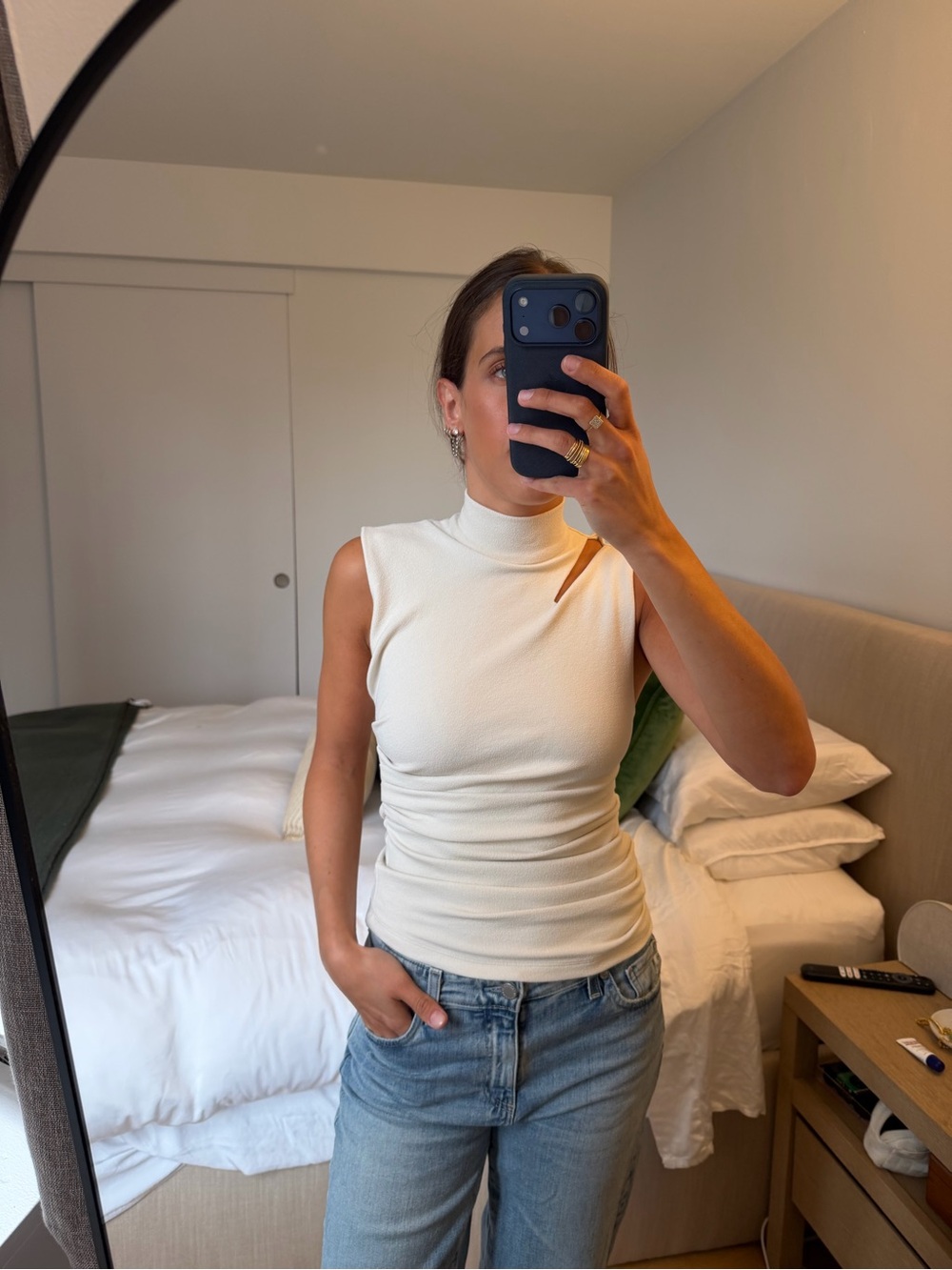 Sleeveless High-Neck Ribbed Top in Cream